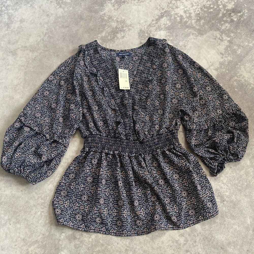 Max Edition Blouse Womens Size XL Blue Floral Puff‎ Sleeve V Neck Smocked Waist